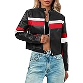 Tankaneo Womens Cropped Moto Biker Jackets Faux Leather Bomber Jacket Color Block Vintage Racing Coats