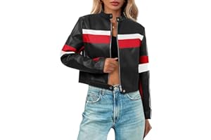 Tankaneo Womens Cropped Moto Biker Jackets Faux Leather Bomber Jacket Color Block Vintage Racing Coats