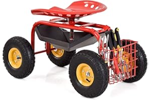 GENERIC IRONMAX Garden Cart with Seat, Heavy Duty Gardening Work Stools w/Height Adjustable Seat & 10’’ Large Wheels, Rolling Garden Scooter for Outdoor Lawn Yard Planting (Red)