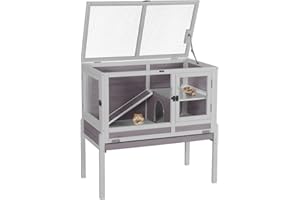 Aivituvin Wooden Guinea Pig Cages Indoor with Removable Stand, Anti Chewing Rabbit Hutch with Ramp and Wire Mesh, 2 Story Small Animals House Habitat with Pull Out Tray (Gray&Purple)