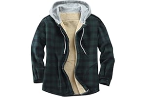 Derbars Men's Cotton Plaid Shirts Jacket Fleece Lined Flannel Shirts Sherpa Button Down Jackets with Hood for Men