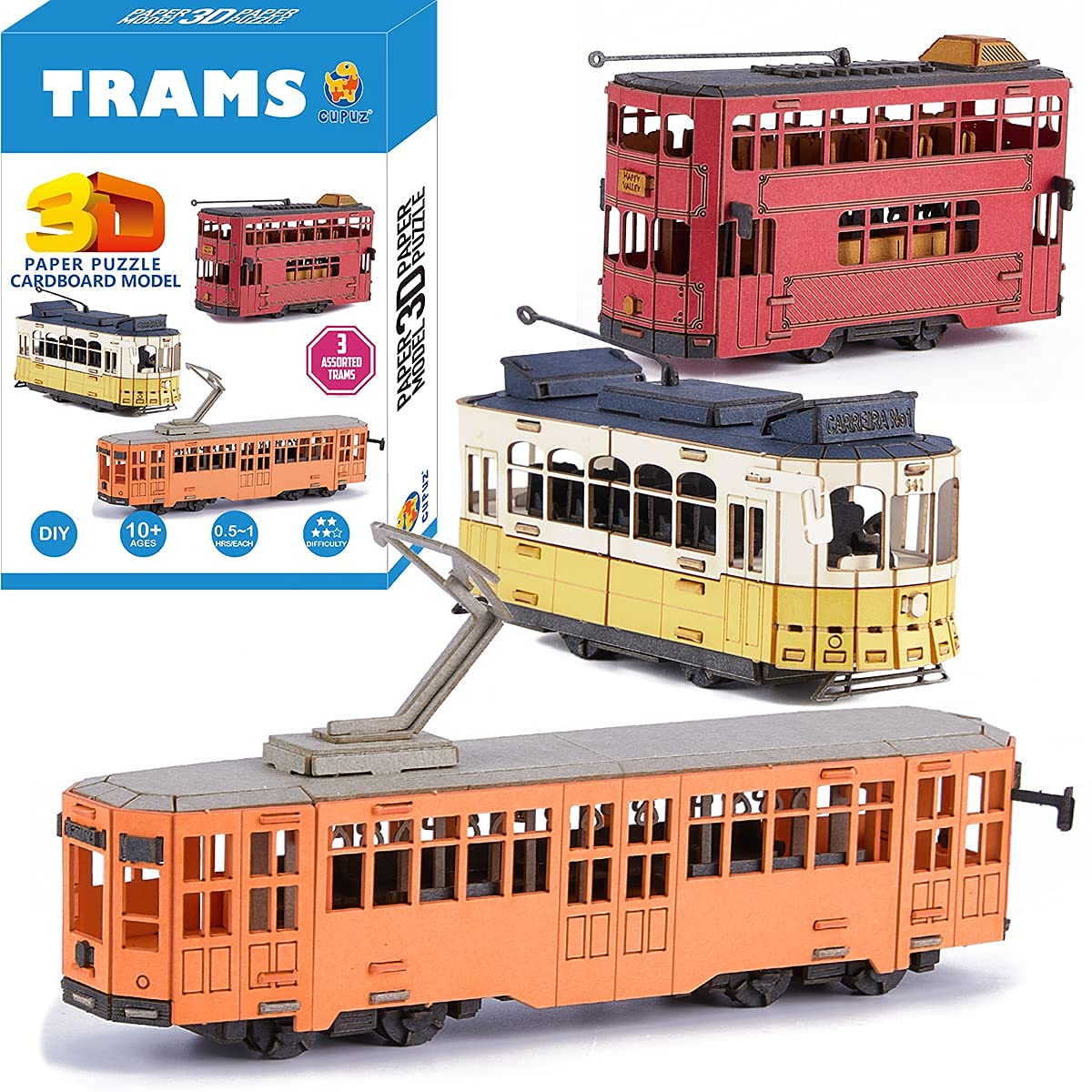 CUPUZ 3-Pack 3D Jigsaw Puzzles Tram Papercraft Model Kits for Adults and Kids-Board Games-DIY Construction Toys-Educational Toys & Games-Birthday Gifts Home Deco