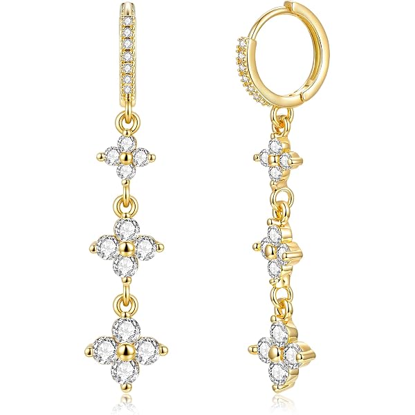 Cross Long Dangle Hoop Earrings - Large Exaggerated Cubic Zirconia Earrings For Women, Gold Plated