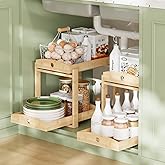 2 Pack Under Sink Organizer, Bamboo Wooden 2-Tier Pull-Out Storage with Sliding Drawers for Kitchen and Bathroom Cabinets, Easy Installation (Natural)