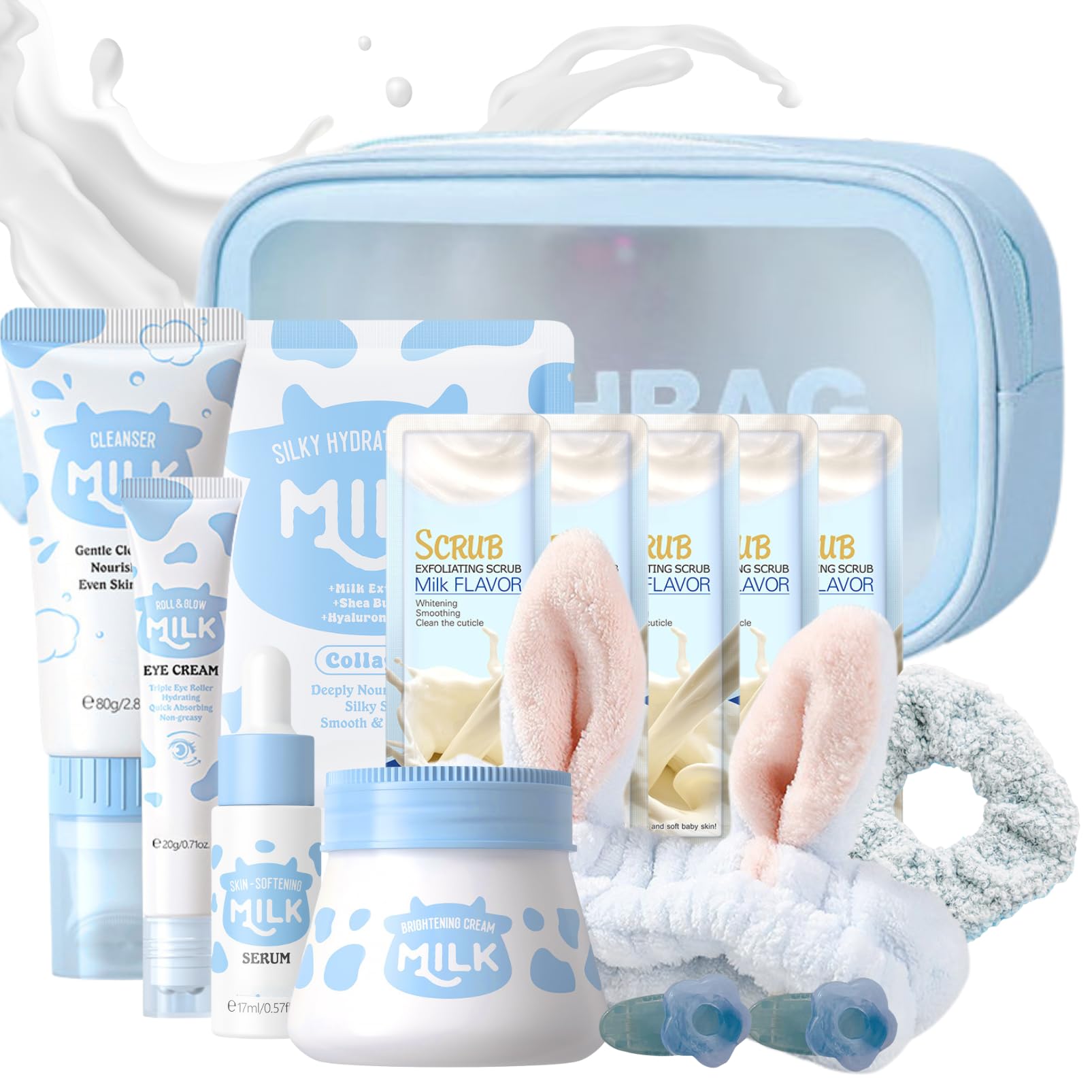Milk Beauty Gift Sets for Teenage Girls - Milk Skin Care Sets & Kits - Facial Kits for Women with Cleanser,Serum,Cream,Eye Cream,Mask,Scrub,4pcs hair Accessories - Hydrating,Nourish (15pcs)