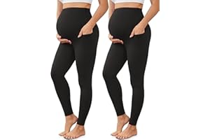 VALANDY Creamlush 2 Pack Women's Maternity Leggings with Pockets Over The Belly,Soft Comfy Active Yoga Lounge Pregnancy Pants