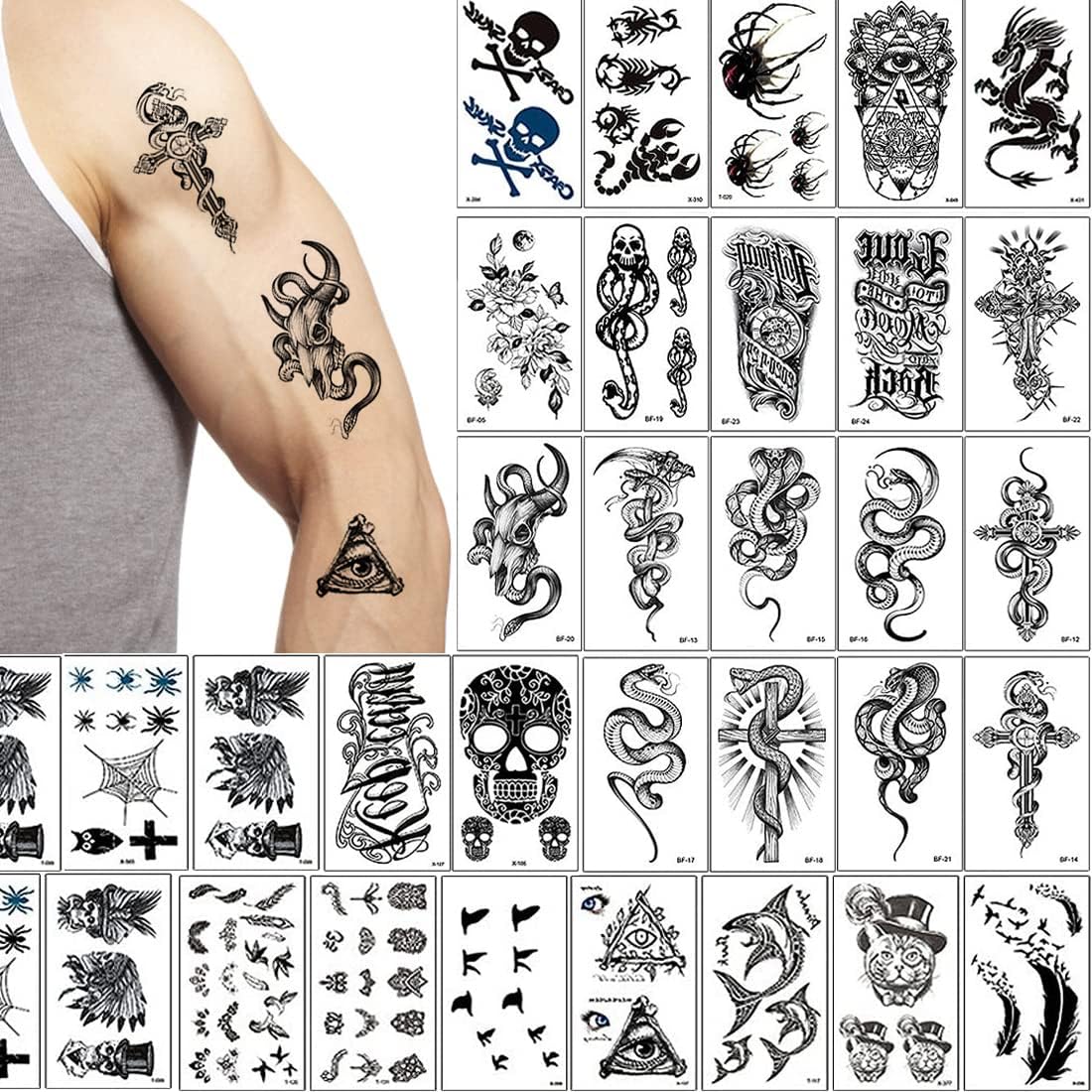 Fake Tattoos, 30 Sheets, Temporary Tattoos, Black Temporary Tattoo Stickers, 3D Large Temporary Tattoos, Waterproof Body Tattoos, Tiger Wolf Fake Tattoo Sticker, Black 3D Realistic Tattoo Men Women