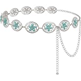 LEACOOLKEY Women Turquoise Concho Chain Waist Belt Silver Western Cowgirl Metal Chain Belt for Dress Adjustable