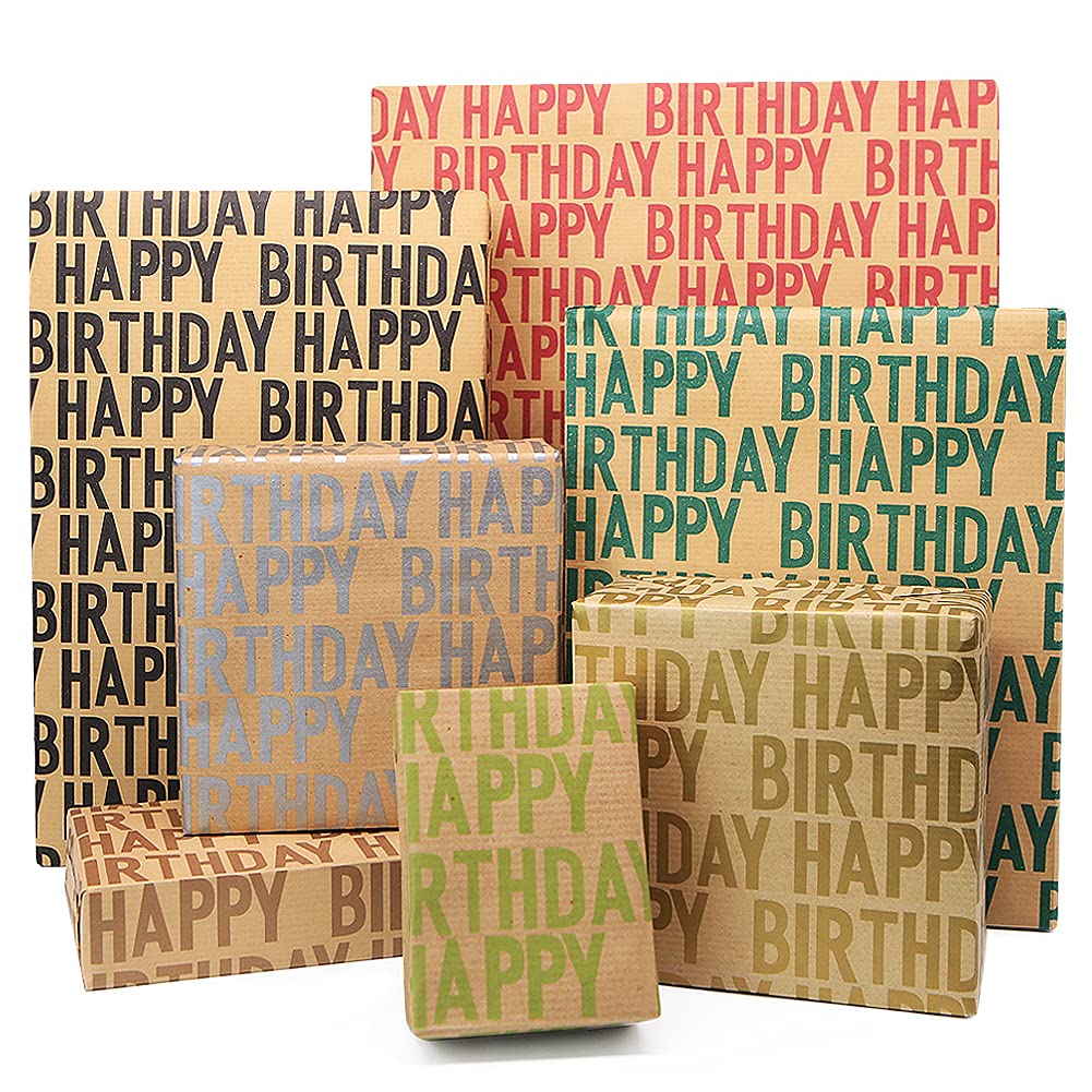 Happy Birthday Wrapping Paper for Men Boys Women Kids Girls,Gift Wrapping Paper (7 Sheets,50 x 70 cm per sheet,27 Sq.ft. ttl.,) W/ 10 Gift Tags Jute Twine Tape Stickers