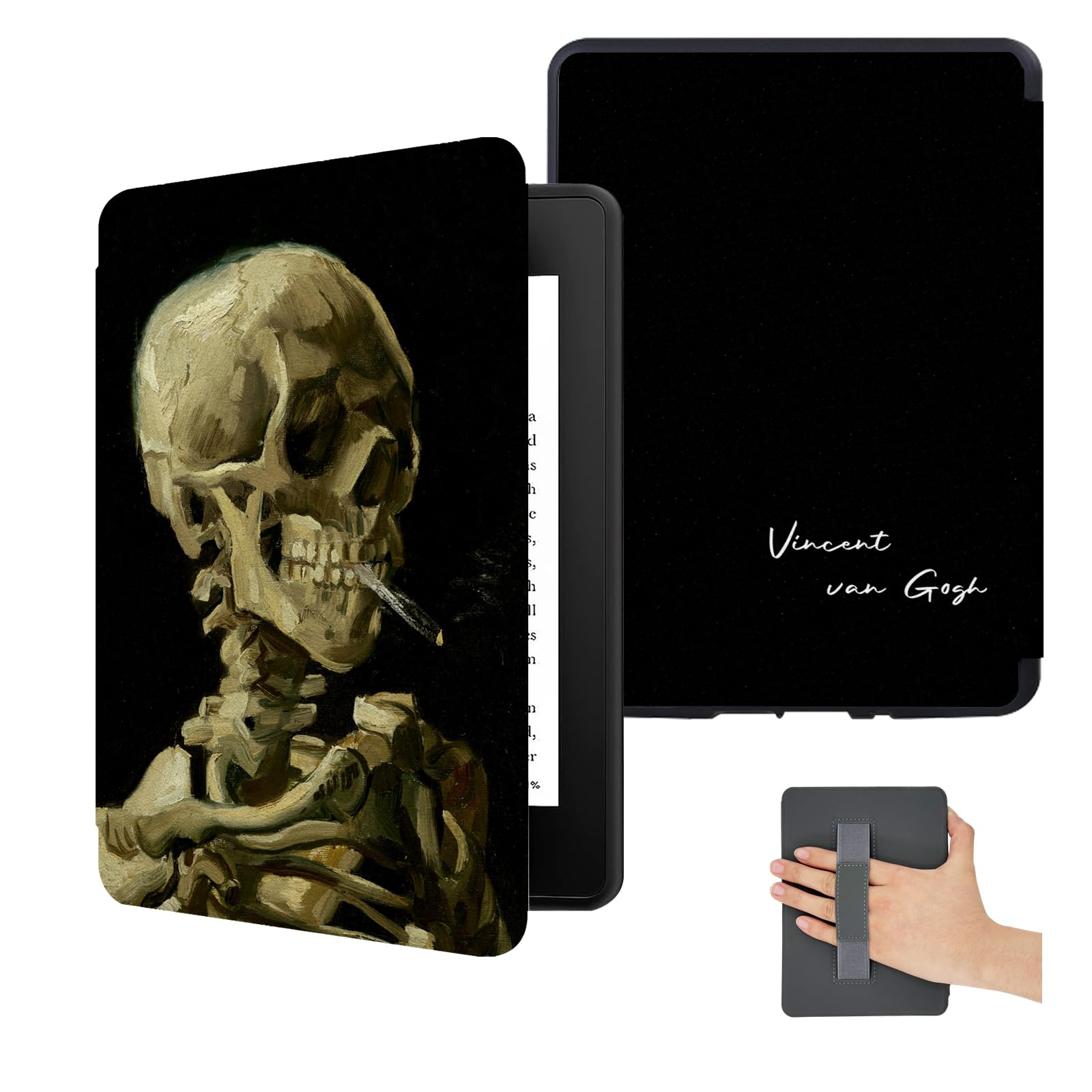 Cover for All New 6 Inch Kindle 2024 and 2022 (11th Generation) Cute Slim Lightweight Case with Hand Strap, PU Leather with Cool Stylish Pattern, Van Gogh Painting Head of a Skeleton