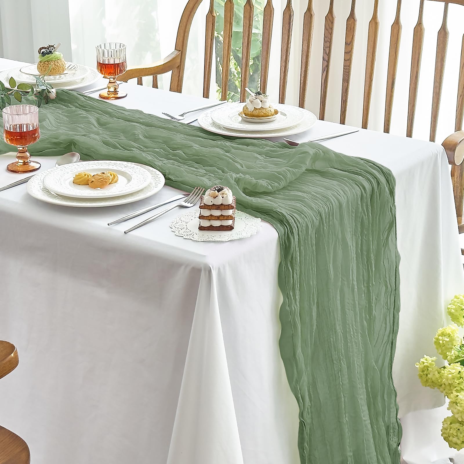 Photo 1 of IVAPUPU 6 Pcs Cheesecloth Table Runner - 10ft Sage Green Boho Gauze Cheese Cloth Table Runners for Baby Shower Decoration Wedding Party Summer Garden Farmhouse