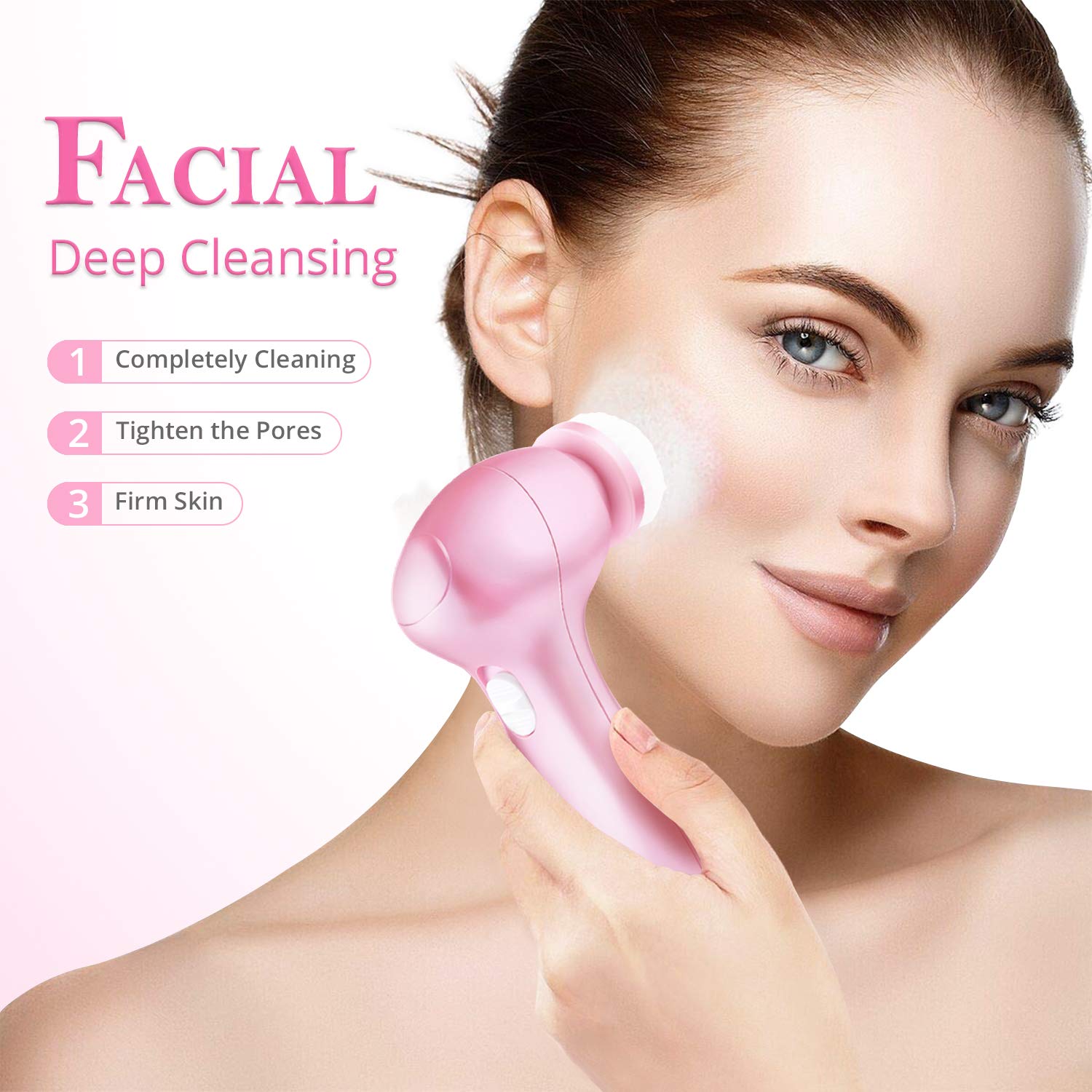 Electric Facial Cleansing Brush 7 in 1, Skin Spin face Brush for Deep Cleaning, Gentle Exfoliating, Blackhead Removing, Pearl Pink, Battery Operated: Beauty