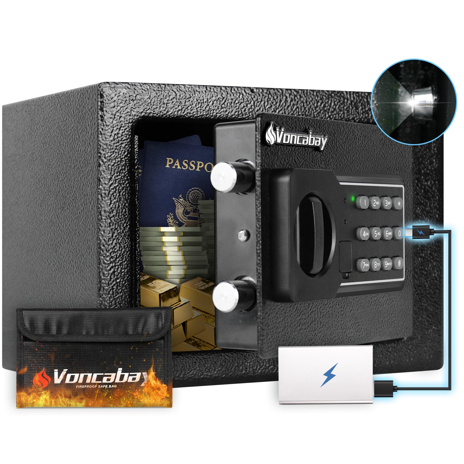 Photo 1 of Voncabay Money Safe Box for Home with Sensor Light and Mute Function & Fireproof Security Safe Box for Money Safe with Emergency Power Outlet, Lock Box Fireproof Safe with Digital Keypad