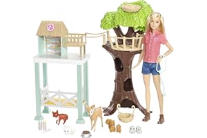 Barbie Vet Doll & Playset, Animal Rescuer Theme with 8 Wildlife Figures, Treehouse, Care Station, Rope Bridge & Accessories