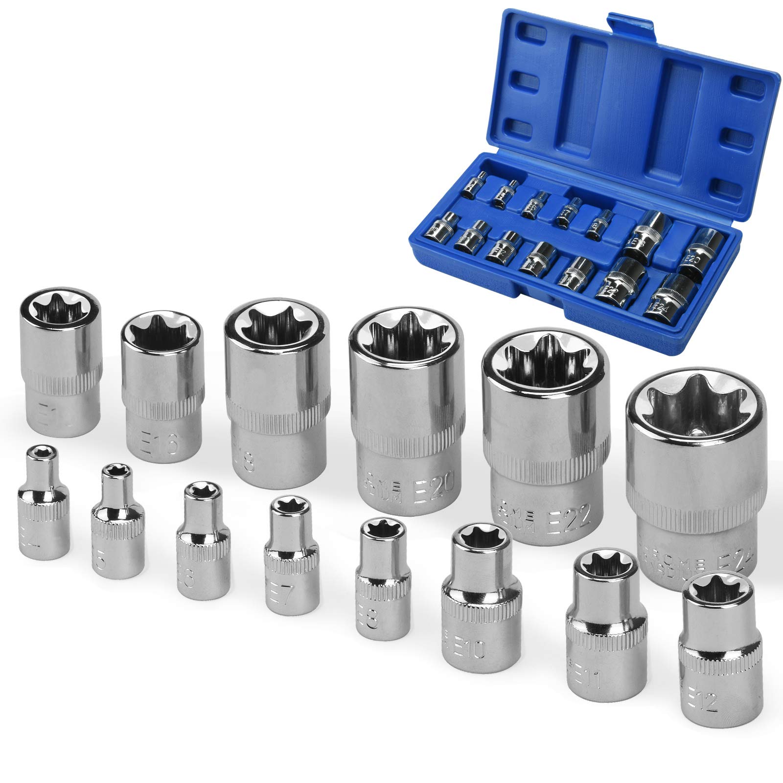 oumuik 14pcs Female E Star Torx Socket Set E4-E24 On Rail 1/4" 1/2" 3/8" E-Type Sockets Insert Nut