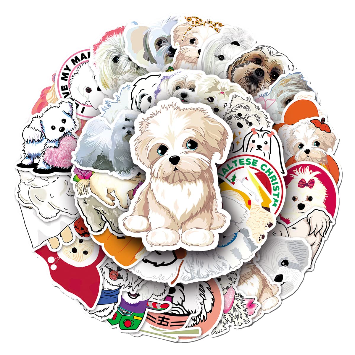 Playful Maltese Dog Vinyl Stickers, 50 PCS Waterproof Illustrated Animal Decals for Laptops, Scrapbooking, Journals, Notebooks, Water Bottles, Suitcases, Phones & DIY Decor
