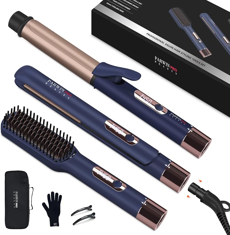 PARWIN PRO BEAUTY 3-in-1 Hair Styling Set Straightener Curler Brush Prussian