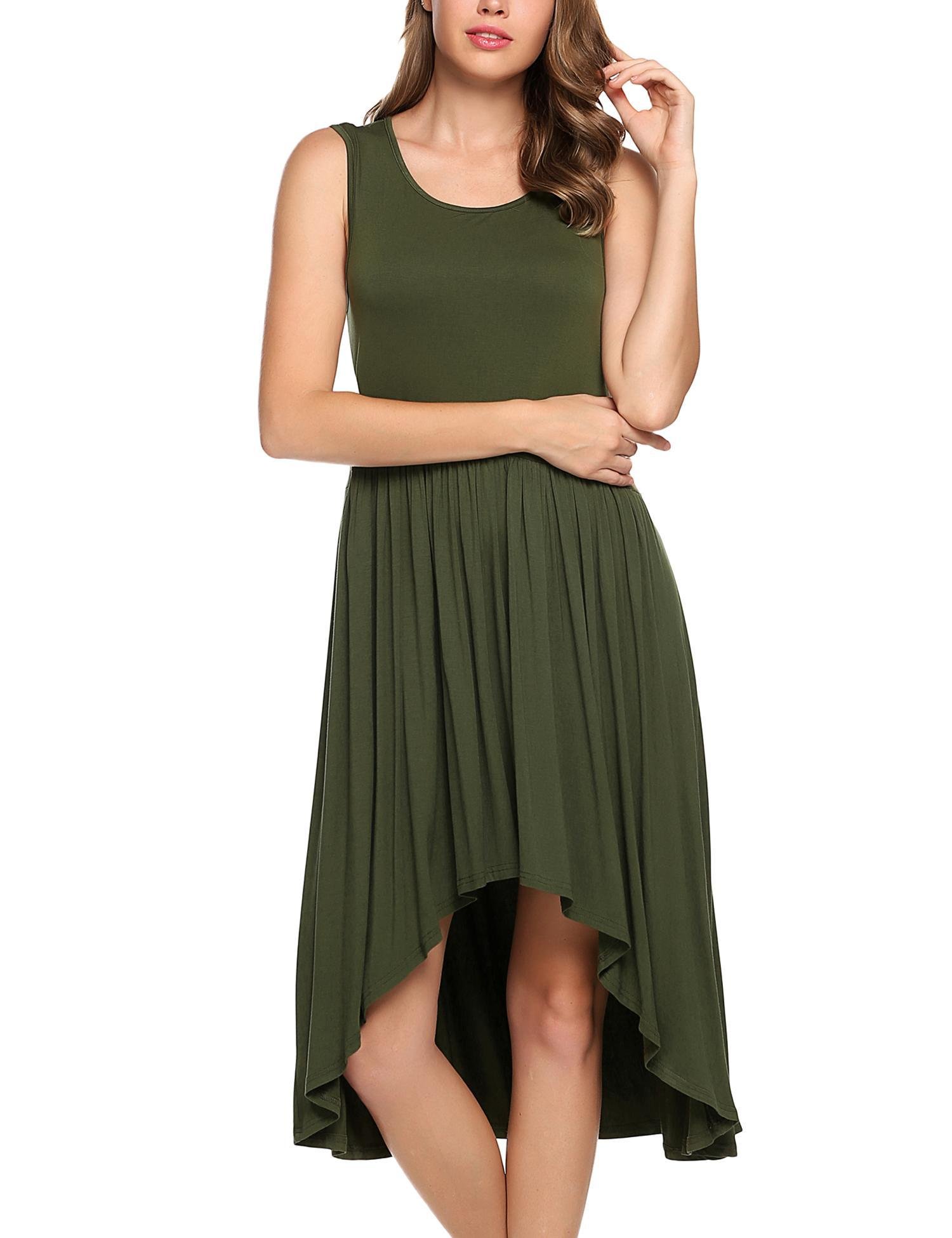 Zeagoo Women Sleeveless High Waist Pleats Detail Solid High-Low Loose Casual Dress