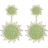Handmade Raffia Dangle Earring - Boho Statement Sunburst Earrings for Summer Beach Vacation