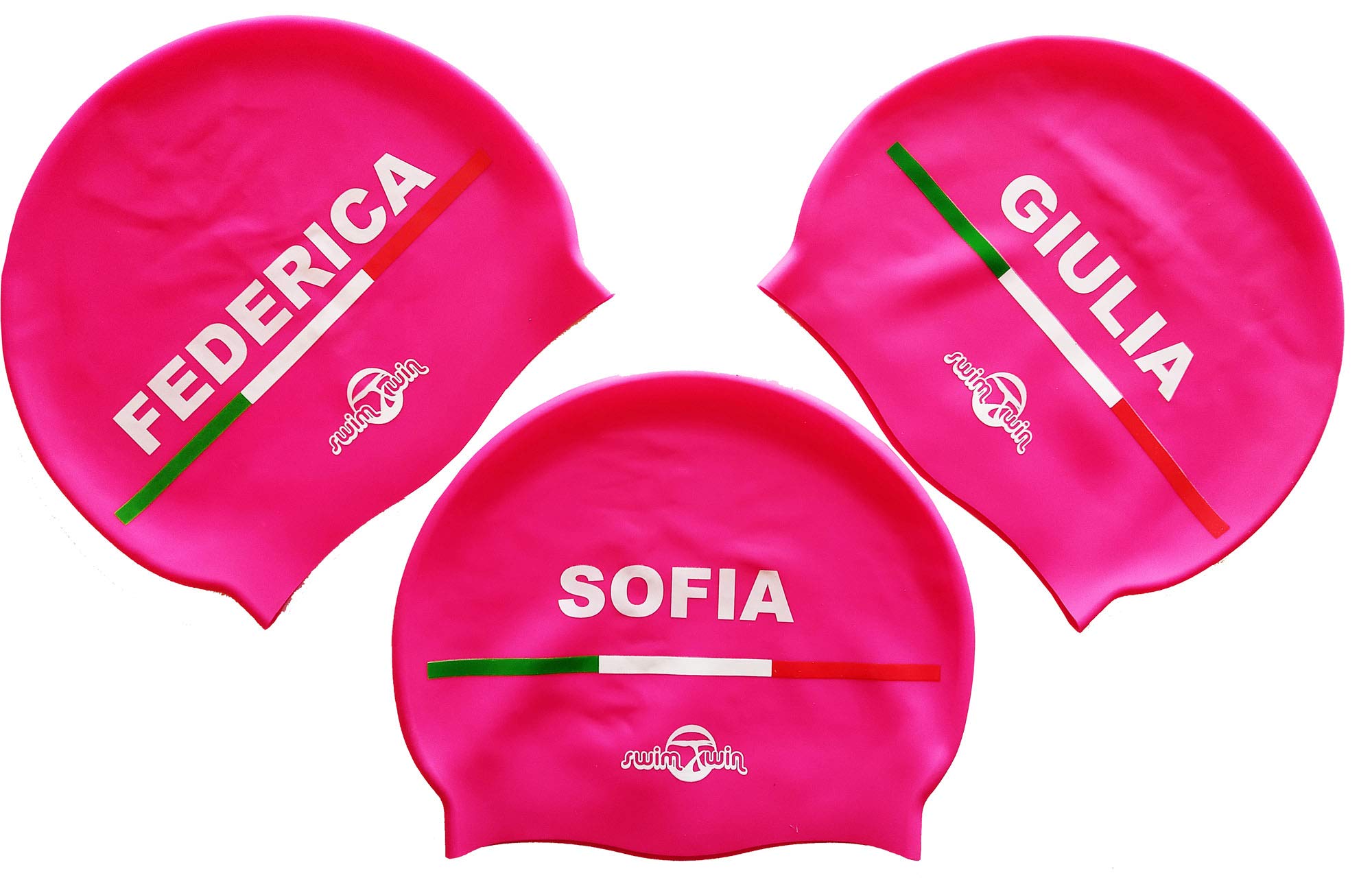 Swimxwin Federica | Silicone Cap Personalised with Your Name | Swimming Cap | High Comfort and Wearability | Italian Design and Style | Pink |