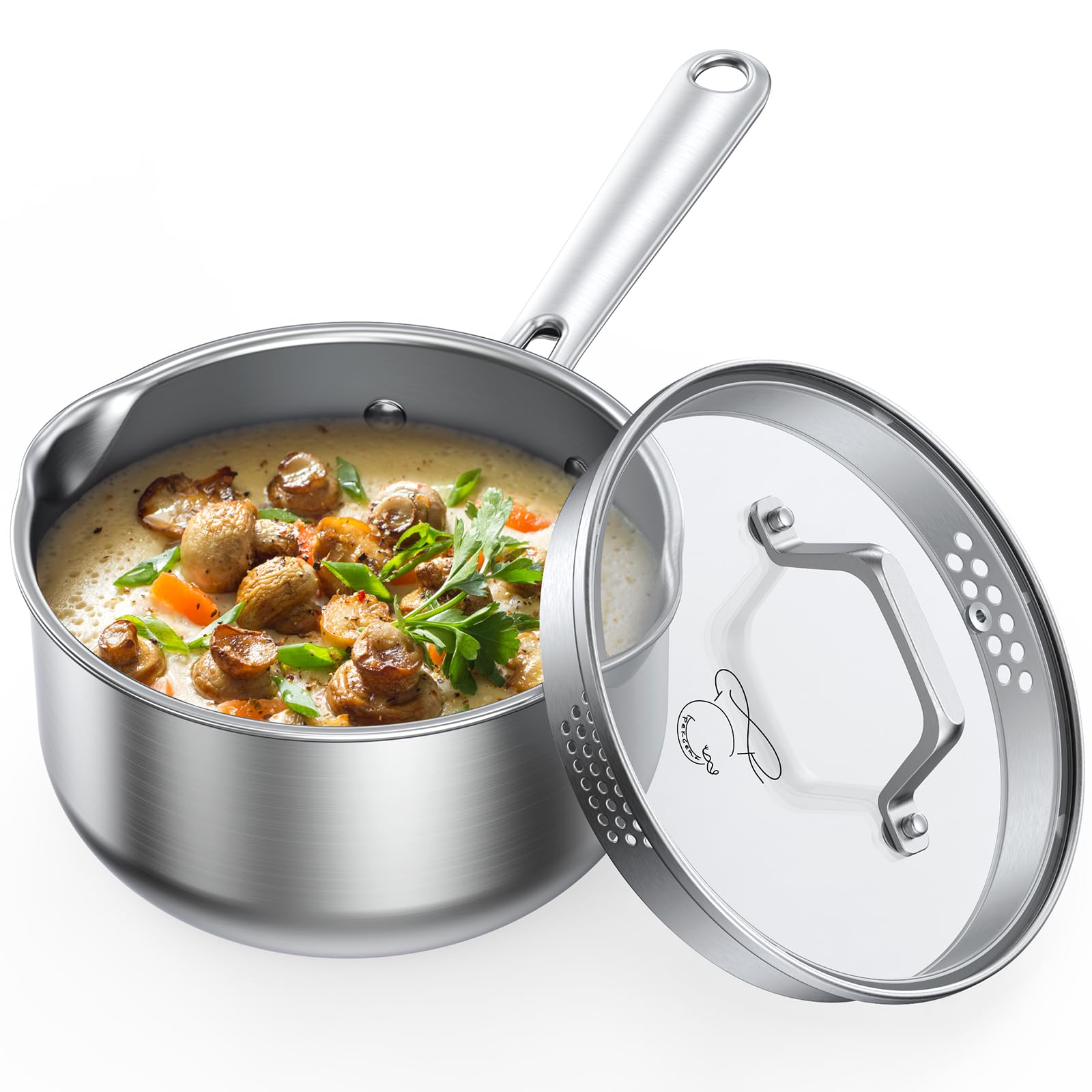 Photo 1 of PekGema Stainless Steel Saucepan 2.5 Quart with Glass Strainer Lid, Thicken Tri-ply Full Sauce Pot, Two Side Spouts for Easy Pour, Dishwasher Safe, Induction Ready, Compatible with All Cooktops