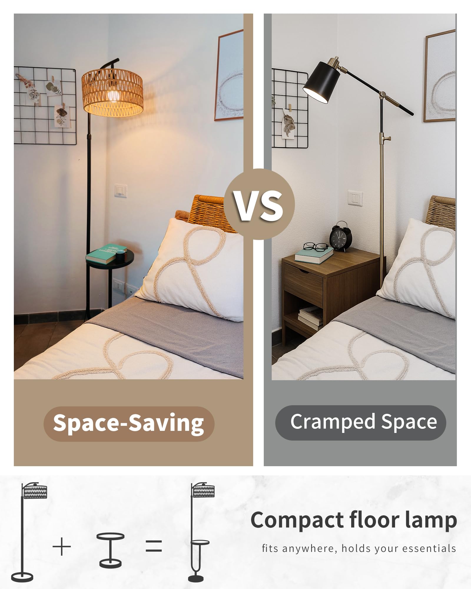 LuminexDesigns Stehlampe Wohnzimmer Vintage Rattan - Stehleuchte Schwarz Retro E27 mit Ablage Höhenverstellbar 176CM Boho Standleuchte mit 2M Kabel Fußschalter Beige Standlampe für Schlafzimmer 8