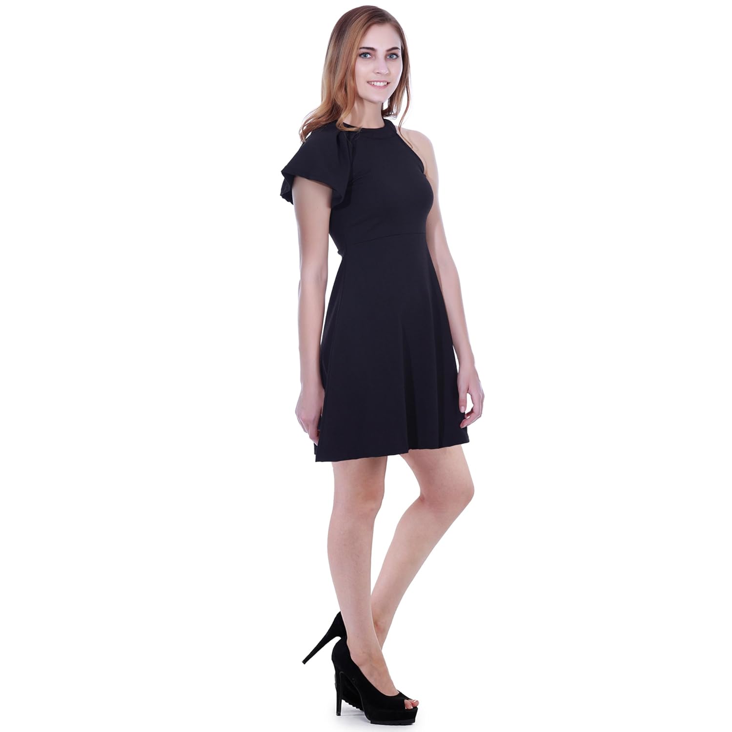 addyvero women's black ruffle shoulder skater dress