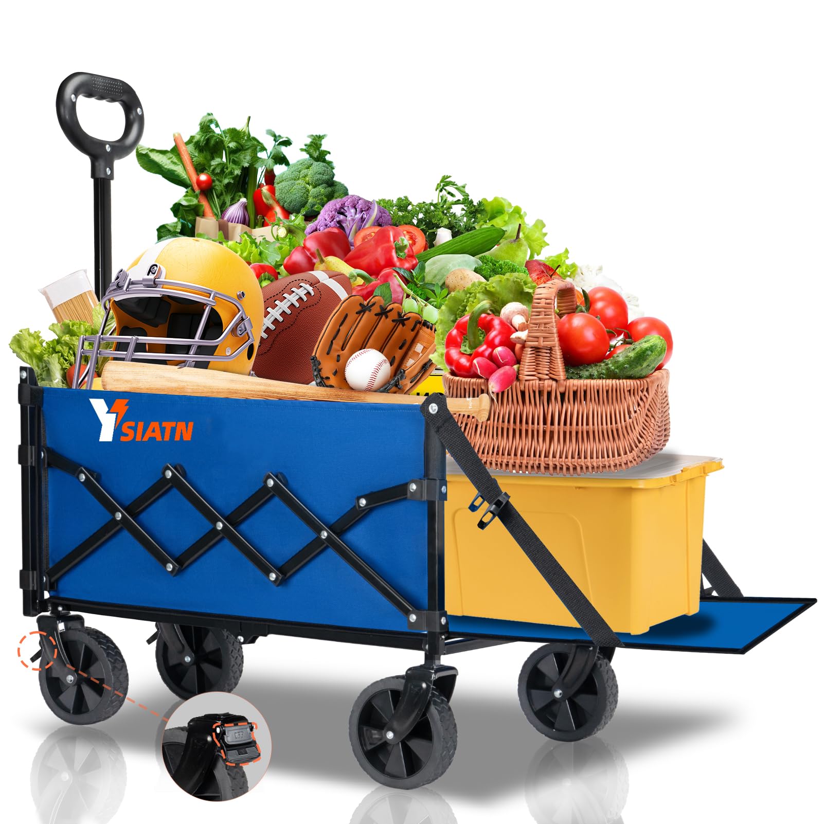 YSIATN Collapsible Folding Wagon Cart with Tailgate - 300lbs Heavy Duty Foldable Utility Wagon and Brake Wheels - 100L Lightweight Grocery Wagons for Shopping Camping Sports Garden, Blue Image