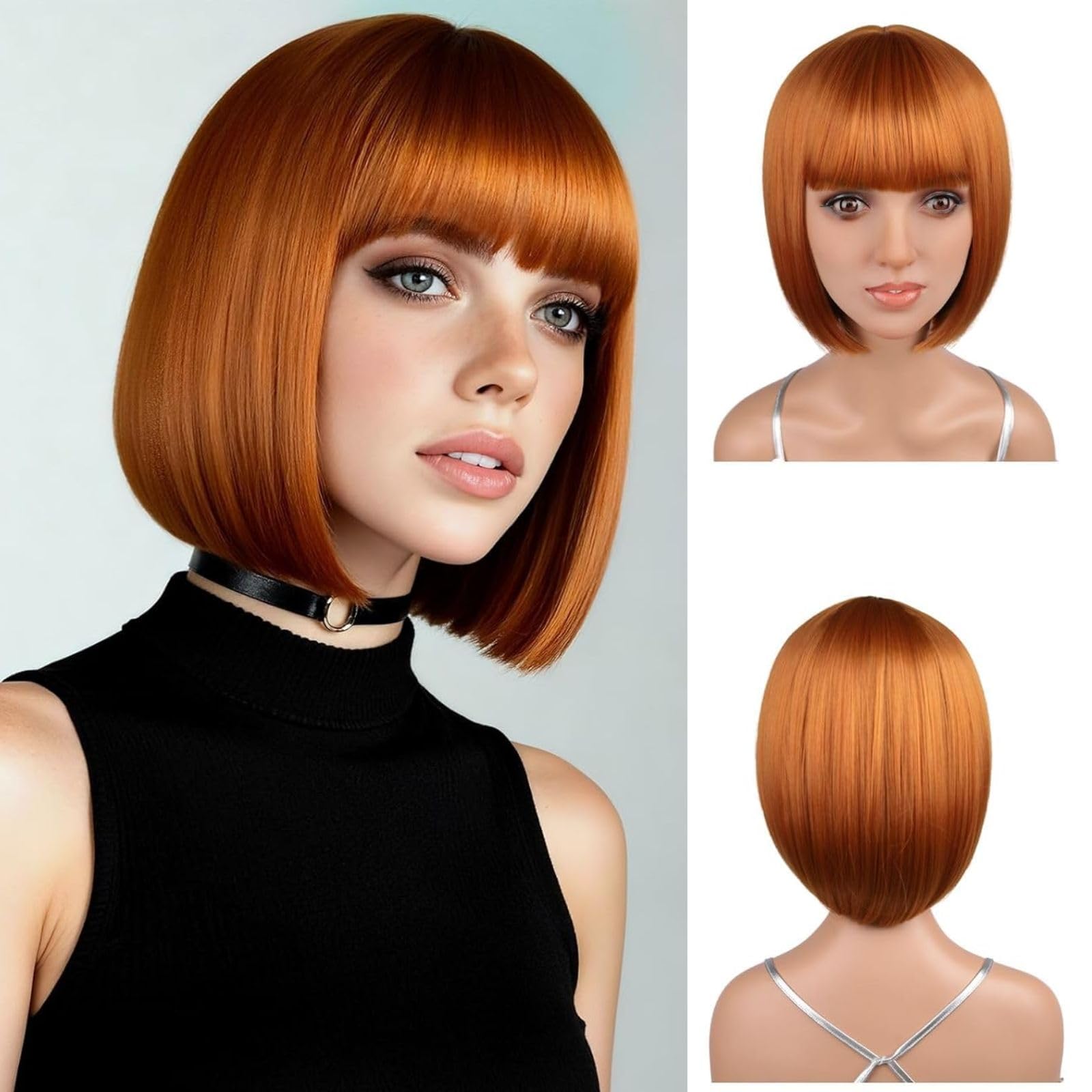 Photo 1 of 12 Inch Ginger Bob Wig With Bangs, Colorful Synthetic Hair for Daily Cosplay Halloween, Straight Short Orange Bob Wigs for Women