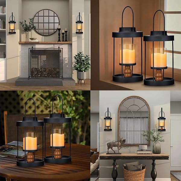 METAL WALL SCONCE CANDLE LANTERN SET OF 2 – BLACK WALL MOUNTED WOOD AND METAL HANGING HOLDER WITH GLASS & CANDLES VINTAGE WALL DECOR FOR PORCH, LIVING ROOM, DINING ROOM, BEDROOM INDOOR DECOR