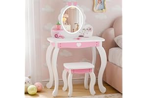 TOLEAD Girls Vanity Set with Lighted Mirror and Stool, Kids Vanity with Storage Space and Bow Pattern for Princess, Toddler Makeup Vanity Desk with Open Shelf and Bracelet Bods, White