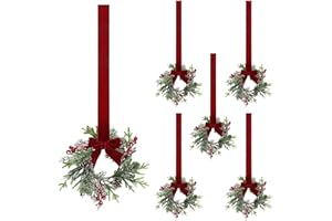 6 Pcs 11.7 Inch Mini Christmas Wreath Cabinet Wreaths with Frosted Cedar, Red Berry and Bows Norfolk Pine Needle, Farmhouse W