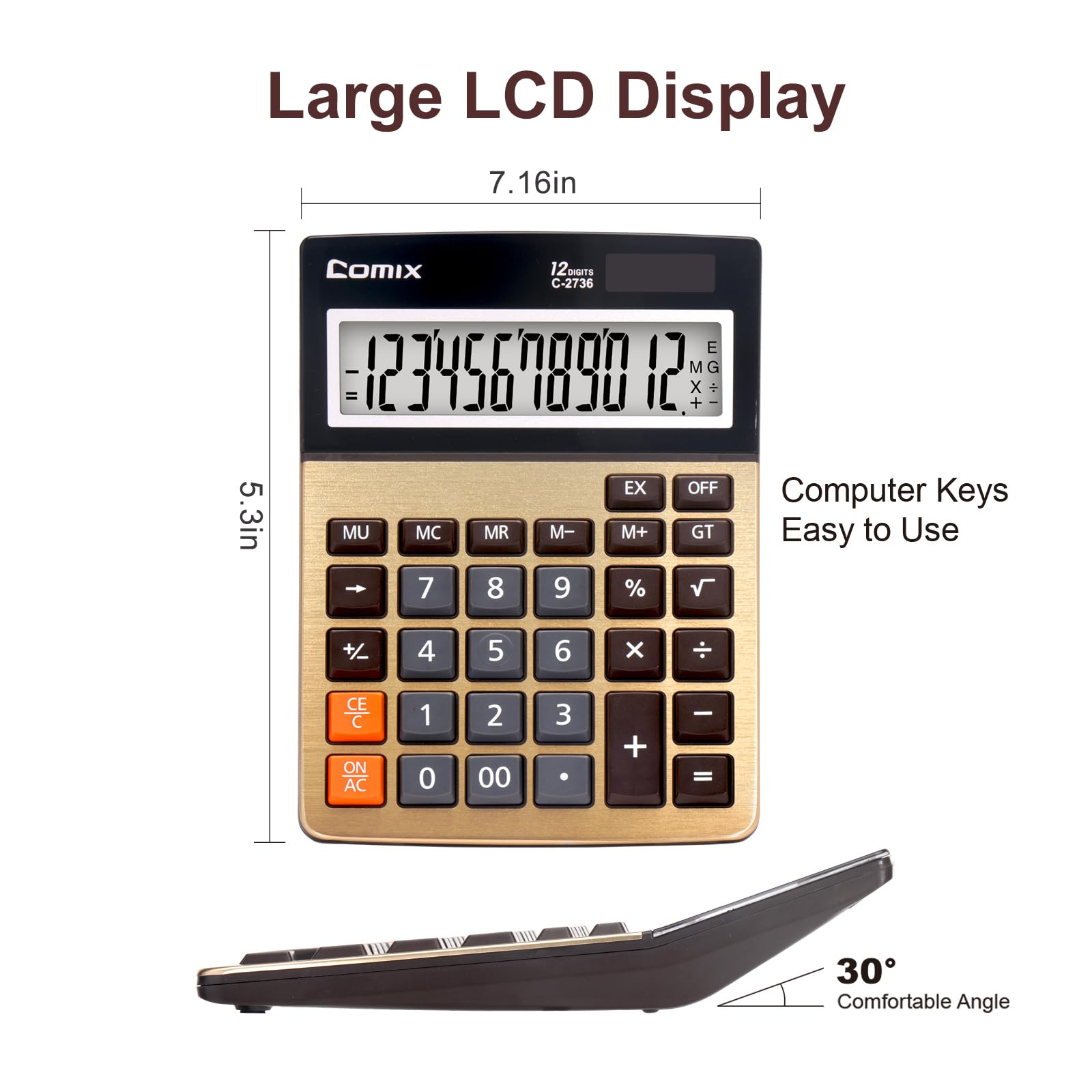 Comix Desk Calculator, 12-Digit Large LCD Display, Big Buttons, Solar Battery Dual Power, Desktop Calculator for Home Office School C-2736