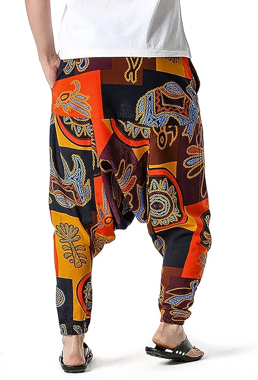Men's Hippie Pants Baggy Boho Gypsy Trousers Cotton Linen Drawstring
