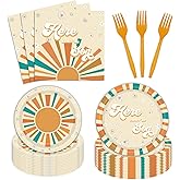96 Pieces Here Comes The Son Tableware Set for Baby Shower Table Decorations Retro Sunshine Daisy Dessert Plates Napkins Forks for 24 Guests Boy Boho Sun Baby Shower Party Supplies