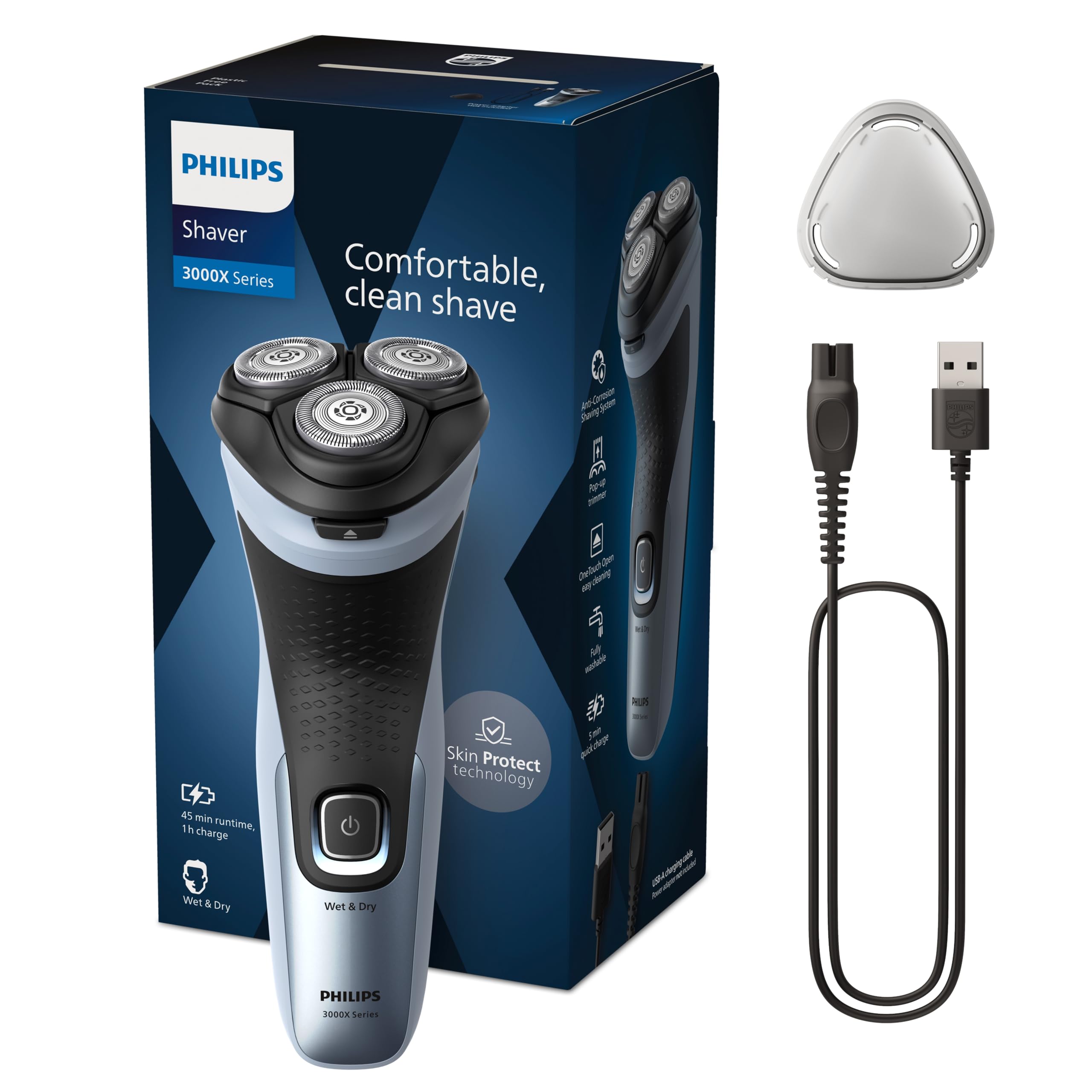 Philips Electric Shaver Series 3000X - Wet & Dry Electric Shaver for Men in Celestial Blue, with SkinProtect Technology, Pop-up Beard Trimmer, Ergonomic Men's Shaver (Model X3053/00)