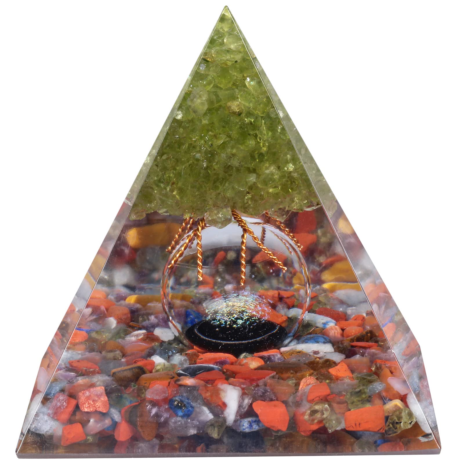 Nupuyai Peridot Tree of Life Mixed Stones Crystal Piramid with Glass Crystal Ball, Spiritual Healing Stone Pyramid Quartz Point Ornament for Protection Home Decor