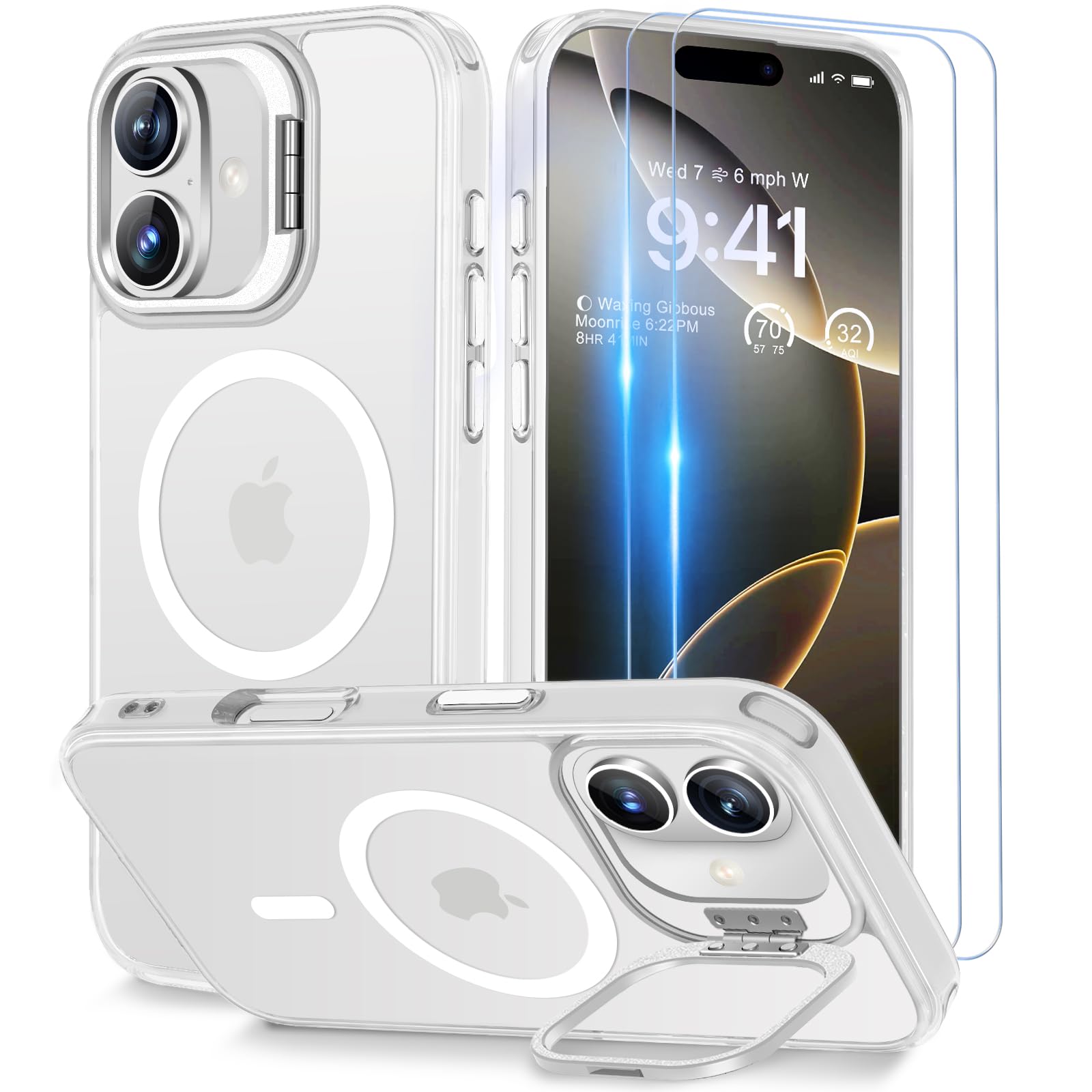 Beeasy for iPhone 16 Case MagSafe Phone Case with 2 Screen Protectors and Stand, Military Shockproof Protective Slim Cover, Case for iPhone 16 6.1 Inch, Translucent White
