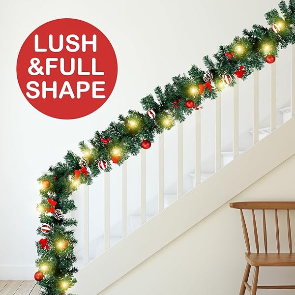 CEENNA EXTRA LONG 15FT CHRISTMAS GARLAND WITH 100 LED LIGHTS ARTIFICIAL PINE PRELIT LIGHTED CHRISTMAS OUTDOOR INDOOR DECORATIONS XMAS HOLIDAY STAIRS RAILING MANTLE DOOR DECOR(CANDY CANES GARLAND)