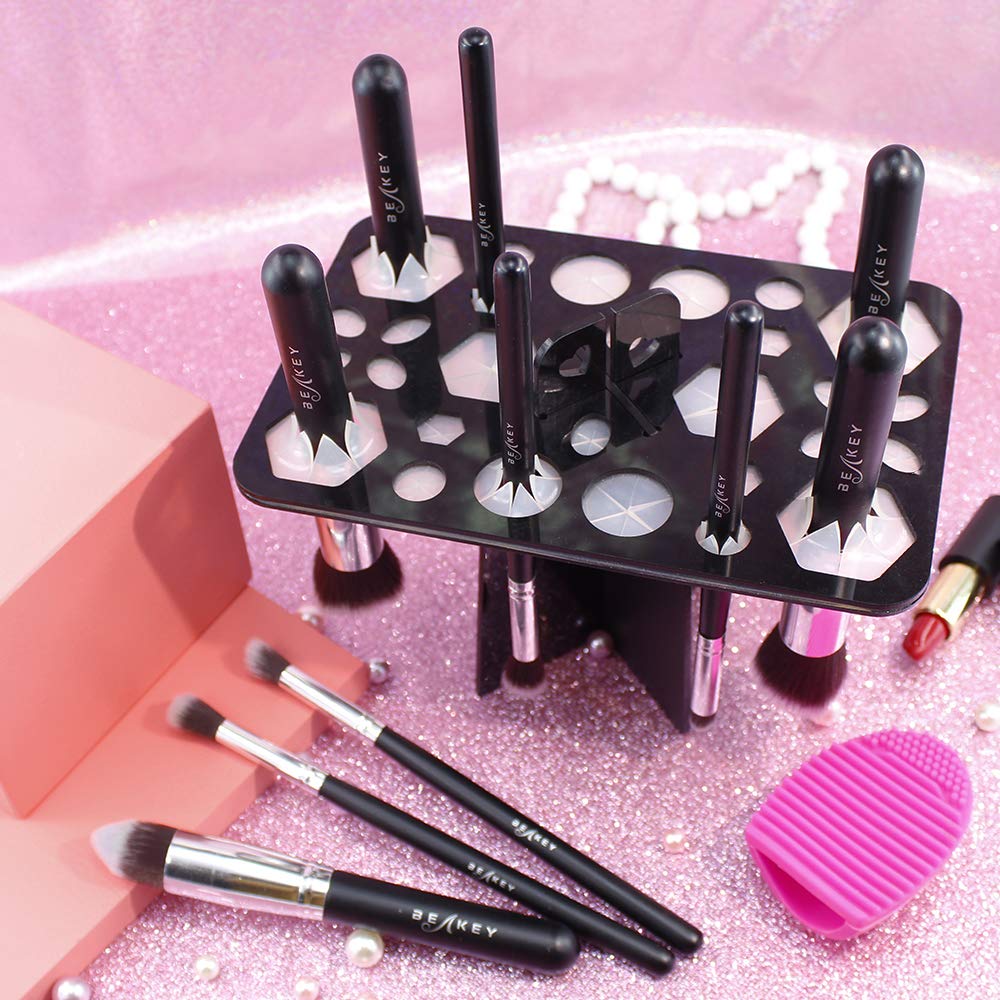 BEAKEY Makeup Brush Drying Rack & Makeup Brush Cleaner Egg, 28 Holes Makeup Brush Holder, Silicone Brush Cleaner - Black & Red: Beauty