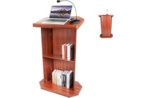 Vakiorn Wood Podium Stand withLarge 2-Tier Shelve, 49" Wooden Lectern with Reserved Wire Hole, Wooden Standing Pulpit with Reading Platfor for Church Office School Home Conference Restaurant Meeting