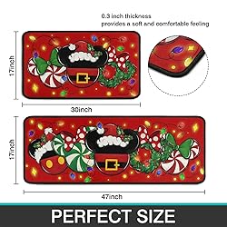 Christmas Kitchen Rugs Set of 2, Red Cartoon Mouse