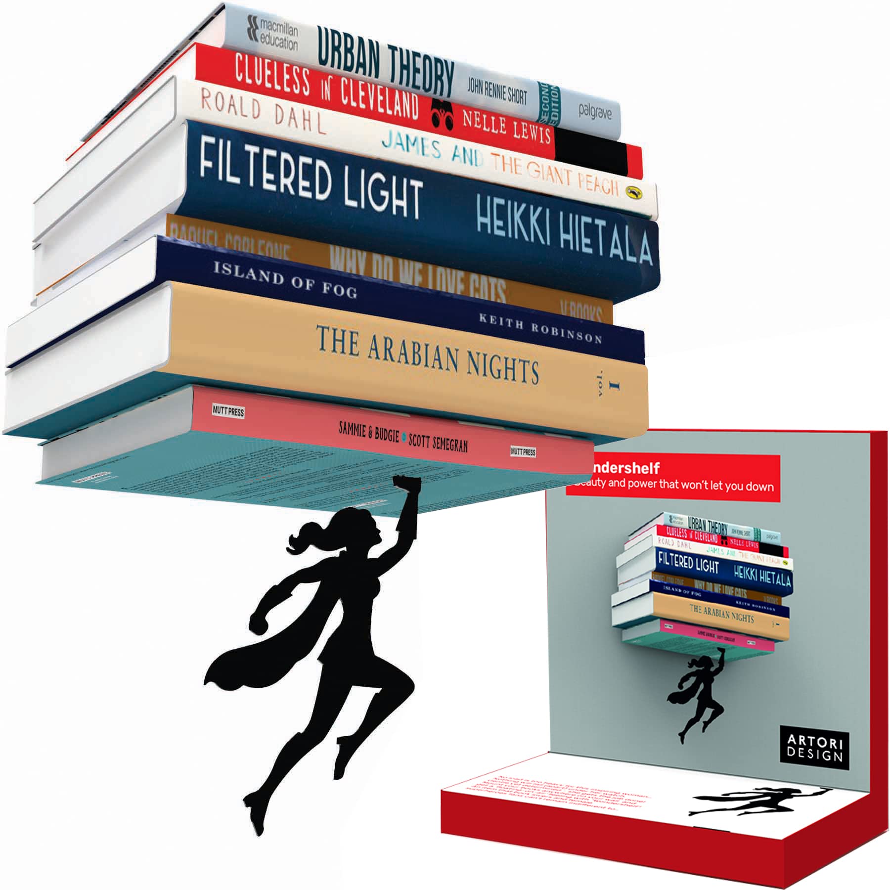 Artori Design Invisible Hanging Metal Floating Bookshelf - Optical Illusion Wall Book Shelf for Kids and Women - Modern Small Black Wall Mounted Bookshelves for Unique Home Decor