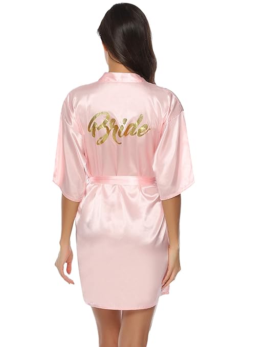 Aibrou Damen Kimono Morgenmantel Kurz Satin Robe Bademantel Nachtwäsche Sleepwear V Ausschnitt mit Gürtel für Party Hochzeit 