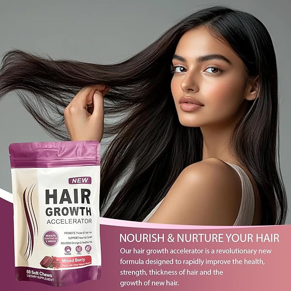 HAIR GROWTH GUMMIES,HAIR GROWTH BIOTIN SOFT CHEWS VITAMINS WITH BIOTIN,MIXED BERRY FLAVOR,TO PROMOTE THICKER,FULLER,STRONGER HAIR FOR MEN AND WOMEN,60 COUNT