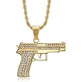NEGS 18K Gold Plated Prayer Hand with Gun Pendant Stainless Steel Rock Necklace for Men Women, 24 Inch Chain Hip Hop Rock Amulet Jewelry Gift