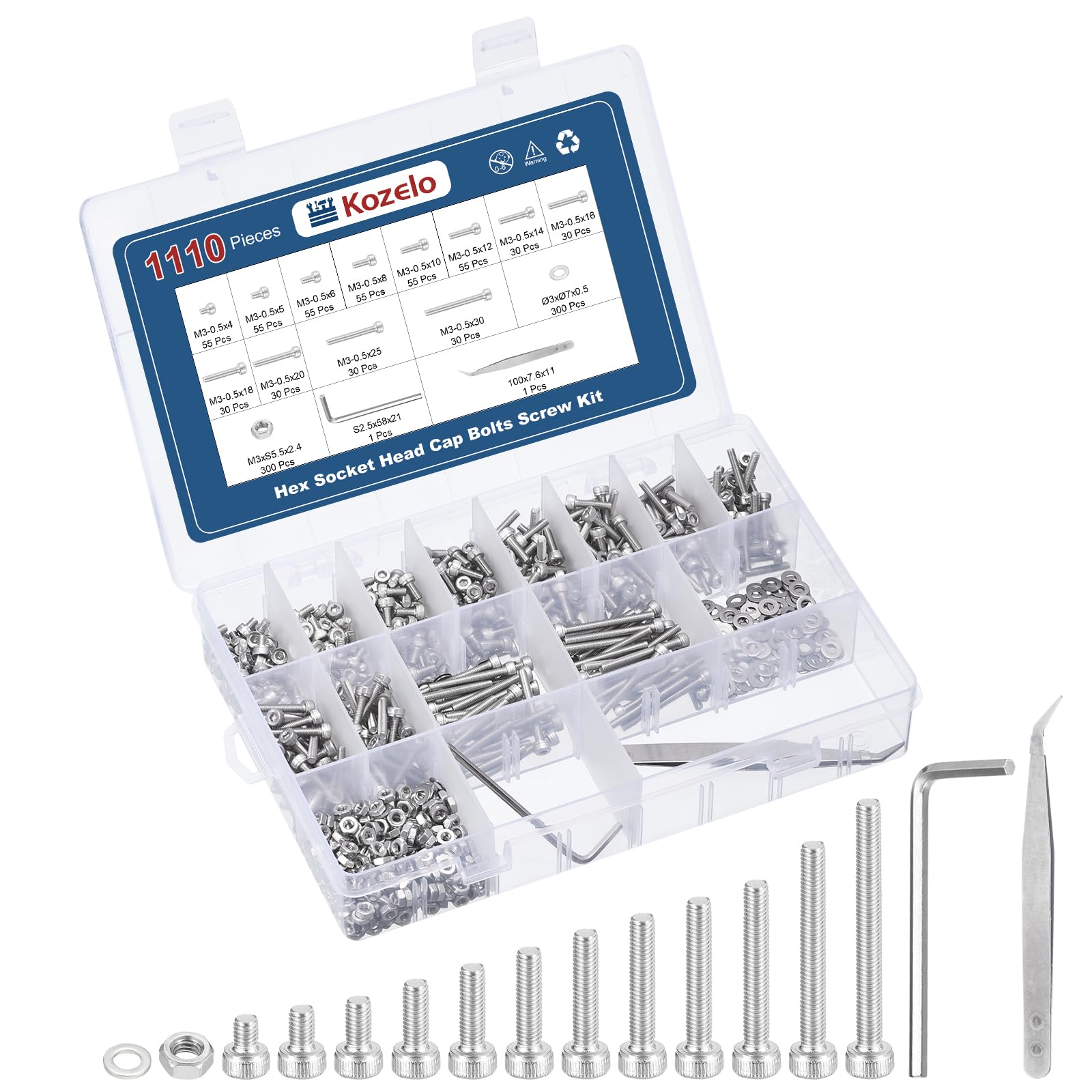 Kozelo 1110pcs M3 Socket Head Cap Screws Bolts Nuts Assortment Kit - [M3x4/5/6/8/10/12/14/16/18/20/25/30mm] 304 Stainless Steel Allen Socket Drive for 3D Printer, with Wrench