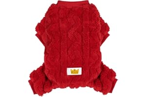 Loyanyy Plush Dog Pajamas for Cold Weather 4 Legged Clothes for Dog Cat Stretchy Puppy Kitten Onesie with Buttons Warm Soft Pet Jumpsuit Winter Coat Red Small