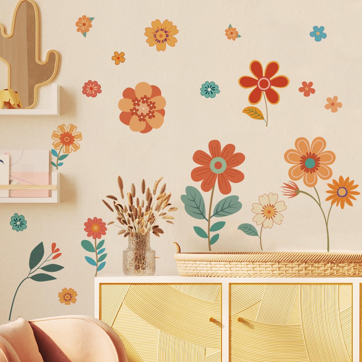 Runtoo Boho Retro Floral Wall Decals Large Vintage Flower Daisy Wall Stickers Colorful Hippie Wall Art for Bedroom Living Room Office Home Decoration