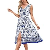 BROVAVE Women Summer Bohemian Floral Print V Neck Sleeveless Sundress Flowy Casual Midi Dress